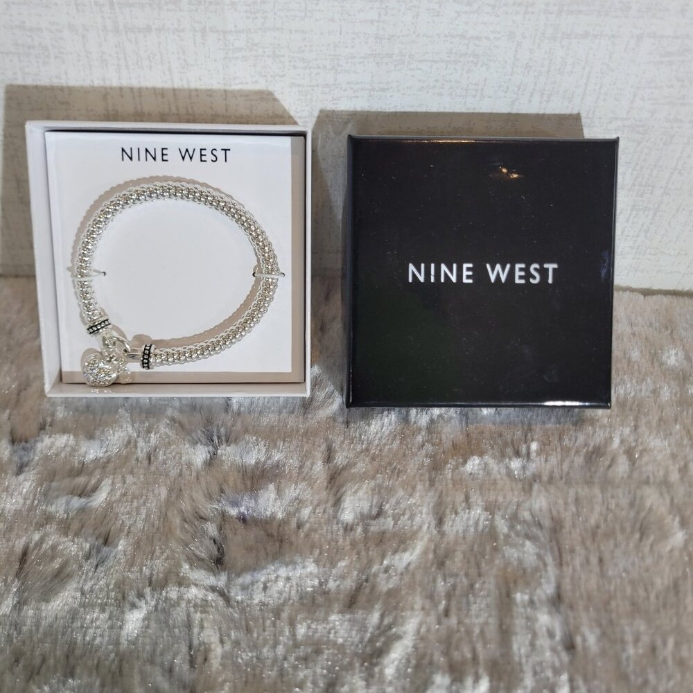 Nine West Silver Tone Beaded Bracelet Heart Charm Rhinestone Dangle Bangle - Picture 2 of 4